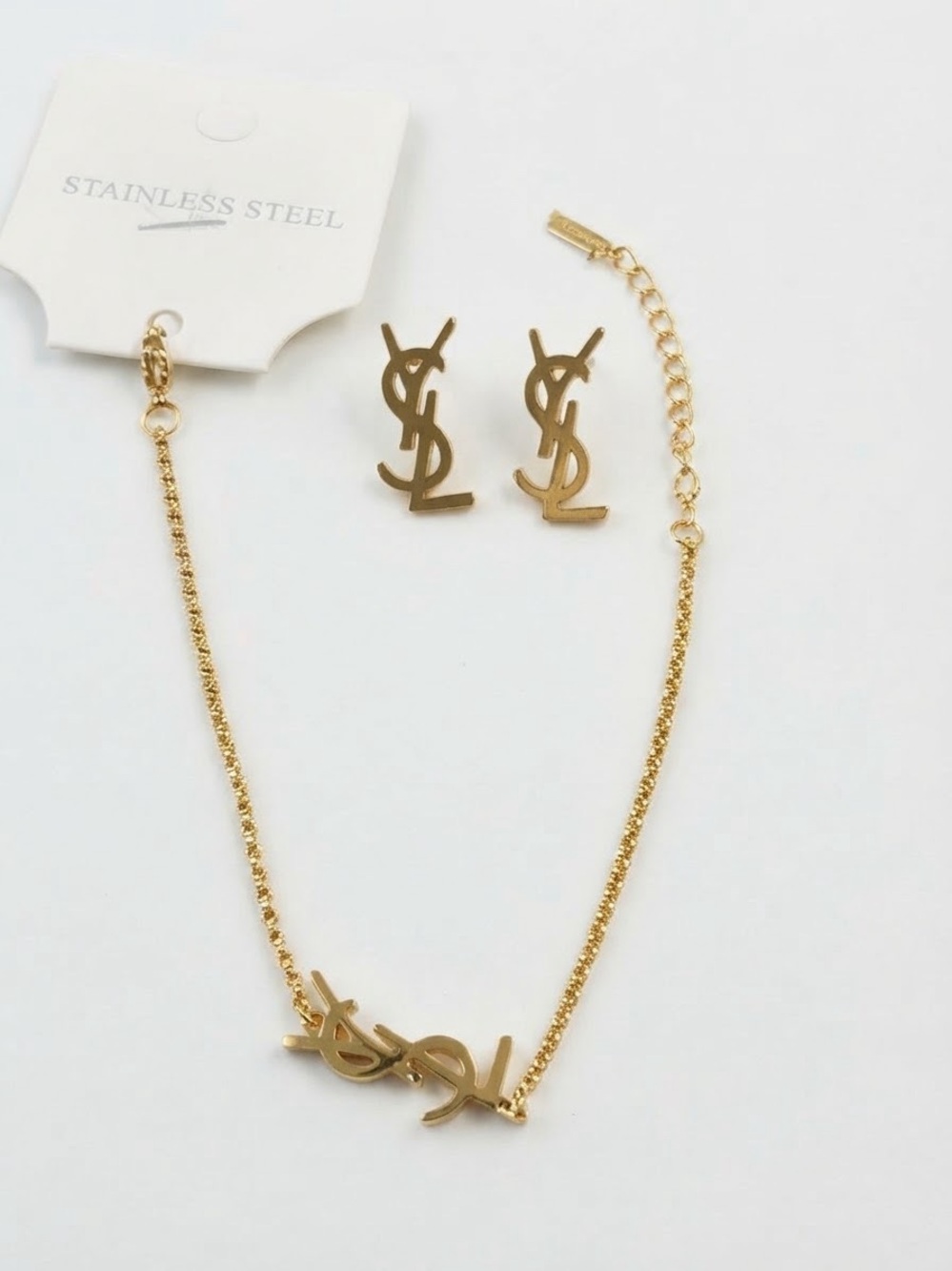 Gold-Tone Monogram Necklace and Stud Earrings Set
